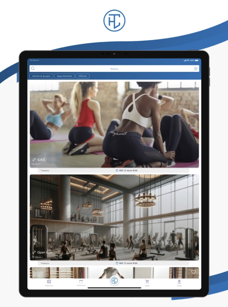 Screenshot dell'app personalizzata di Health Training Coach mostrando le funzionalità di tracciamento e prenotazione per gli allenamenti a L'Aquila