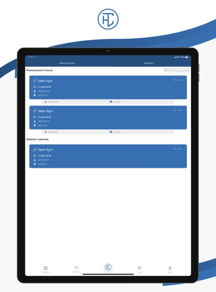 Screenshot dell'app personalizzata di Health Training Coach mostrando le funzionalità di tracciamento e prenotazione per gli allenamenti a L'Aquila