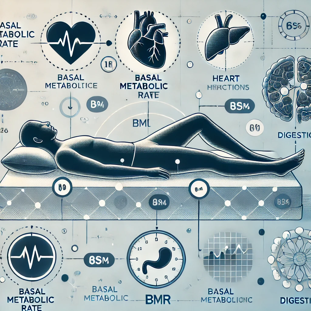 Illustrazione dettagliata di una persona a riposo, circondata da icone che rappresentano funzioni vitali come respirazione, frequenza cardiaca e digestione, enfatizzando il concetto di Metabolismo Basale (BMR).