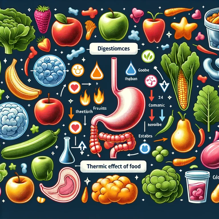 Illustrazione dettagliata di vari cibi sani come frutta, verdura e proteine magre, con icone che rappresentano il processo digestivo, evidenziando il concetto di Effetto Termico del Cibo (TEF) e il suo ruolo nel bruciare calorie.