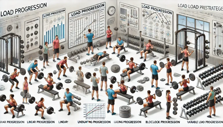 Esempi di progressione dei carichi mostrati su una lavagna in una palestra, con partecipanti che seguono diverse strategie di allenamento sotto la supervisione di un trainer.